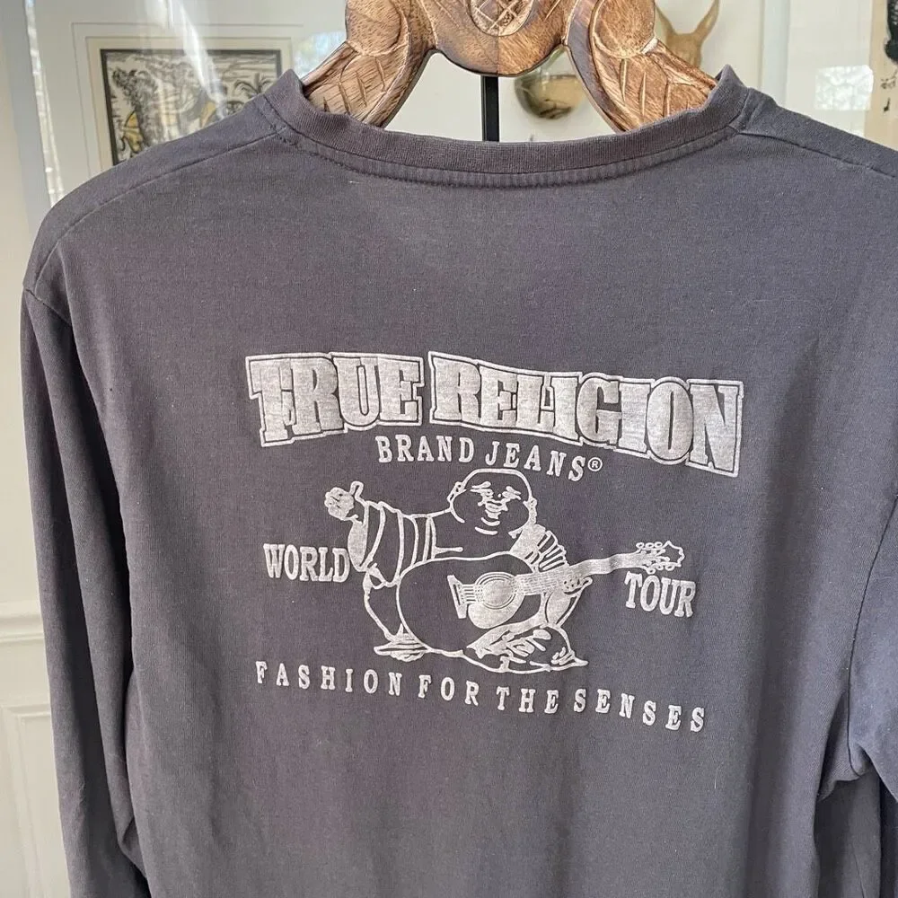 True Religion Grey Slim Fit Buddy Logo Vneck Long Sleeve Tshirt 2XL